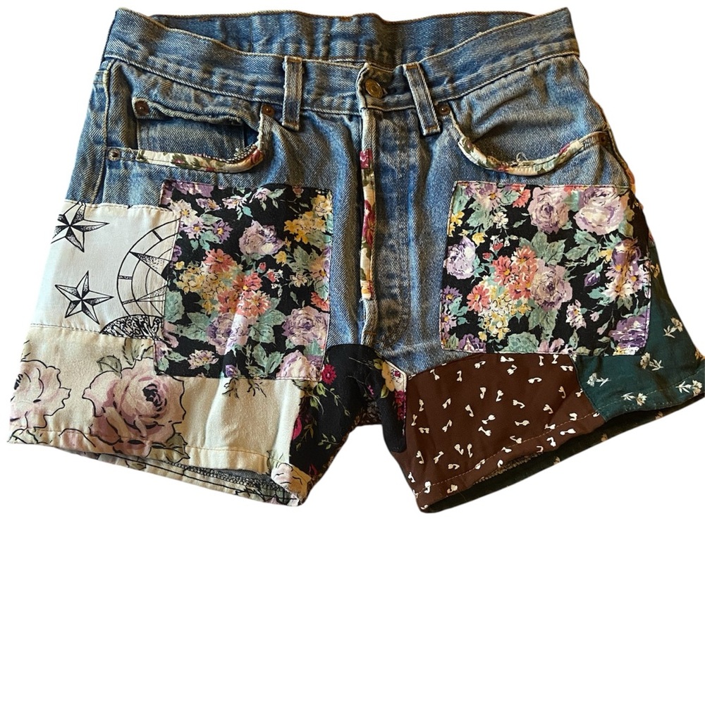 Patchwork Floral Denim Women’s Shorts - Blue